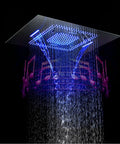 Luxury LED Rain Shower System With Built In Bluetooth Speakers And Thermostatic Faucet Set Five Function Matte Black Body Jet Kit view with blue light and water flow.