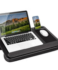 Home Office Pro Lap Desk with laptop, phone, and mouse in black carbon finish, 15.6 inch capacity, built-in phone holder and mouse pad.