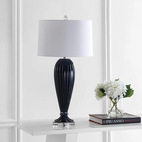 Navy Ribbed Glass Table Lamp With Crystal Base for Living Room and Bedroom, white faux silk shade, LED bulb included