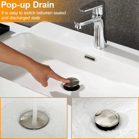 Pop Up Bathroom Sink Drain With Overflow For Vessel Sinks, Push Type Stopper, Brushed Nickel Vanity Assembly With Strainer