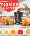 Gourmia Automatic Citrus Juicer One-Touch Operation Compact Electric Extractor with Universal Cone, featuring grapefruit, oranges, and juice.