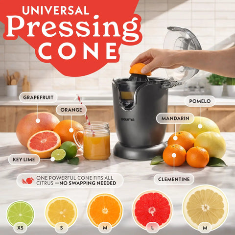 Gourmia Automatic Citrus Juicer One-Touch Operation Compact Electric Extractor with Universal Cone, featuring grapefruit, oranges, and juice.