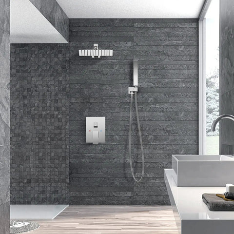 High Pressure 10 Inch Square Rain Shower System With Wall Mount Rain Head Hand Sprayer Rough In Valve Trim Kit Bathroom Mixer Shower Combo Durable Lead Free Construction And Corrosion Resistant Finish in modern bathroom