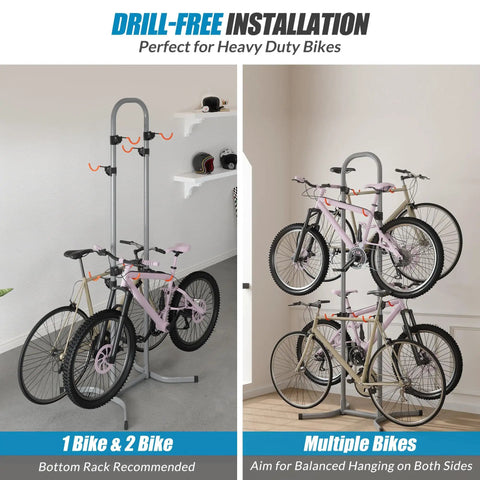 Grab-And-Go Four Bike Rack For Garage And Home, Freestanding Gravity Bicycle Stand with bikes mounted, side view