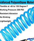 Heavy Duty Knockout Workhorse Polyurethane Air Hose One Quarter Inch By Ten Feet Compressor Tubing With Quick Connect Coupler Ball Swivel Lightweight Flex No Fuss Install Garage Ready Blue, coiled, reinforced, flexible up to 150 PSI.