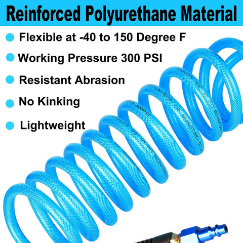 Heavy Duty Knockout Workhorse Polyurethane Air Hose One Quarter Inch By Ten Feet Compressor Tubing With Quick Connect Coupler Ball Swivel Lightweight Flex No Fuss Install Garage Ready Blue, coiled, reinforced, flexible up to 150 PSI.