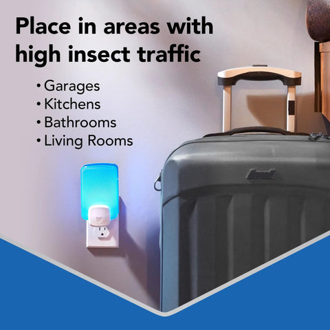 Flying Insect Light Trap Starter Kit With Easy Plug In Device And Replacement Cartridge Kid Friendly And Pet Safe Chemical Free Home Insect Control Light Powered Attraction For Any Room plugged in a wall socket near a suitcase in a hallway.