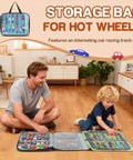Double Sided 56 Slot Car Storage Case With Foldable Play Mat For 1 64 Scale Diecast Cars Like Hot Wheels And Matchbox Portable Organizer Carry Bag For Display And Travel Ready Use shown with play mat open on floor