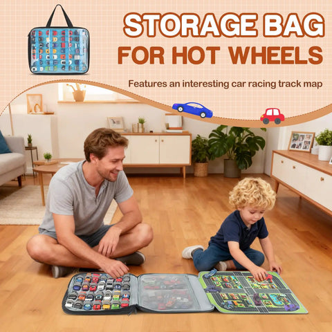 Double Sided 56 Slot Car Storage Case With Foldable Play Mat For 1 64 Scale Diecast Cars Like Hot Wheels And Matchbox Portable Organizer Carry Bag For Display And Travel Ready Use shown with play mat open on floor