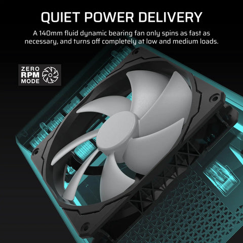 Close-up of 140mm fluid dynamic bearing fan on Beefy Fully Modular 1500W Power Supply With Ultra Quiet Operation, black chassis
