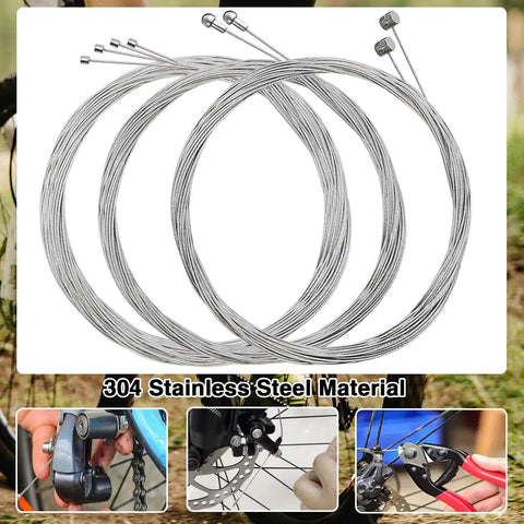 Universal Bicycle Brake Cable And Housing Kit with O Rings and End Caps for Mountain and Road Bikes, visible stainless steel cables.