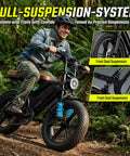 Rider on Beast 1500W Peak Electric Bike For Adults with 20" fat tires in forest, showcasing full suspension system and off-road capability.