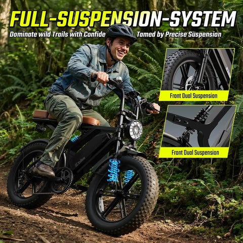 Rider on Beast 1500W Peak Electric Bike For Adults with 20" fat tires in forest, showcasing full suspension system and off-road capability.