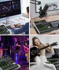 4 Channel DJ Mixer With USB Bluetooth And Computer Playback in home studio, streaming setup, live gig, and acoustic session scenes.
