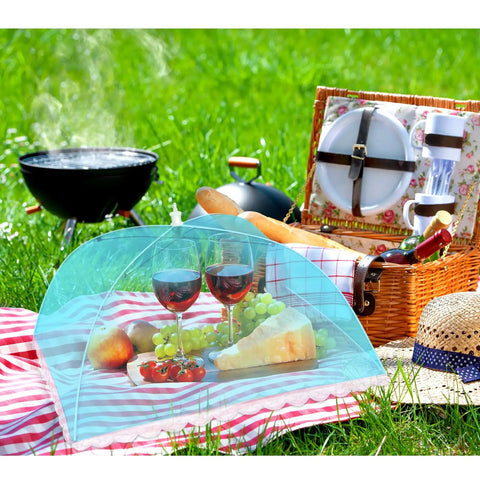 5 Pack Mesh Food Cover Tents For Picnics And Barbecues with wine, cheese, and fruit under a mesh tent on a picnic blanket