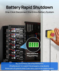 Hand activating battery rapid shutdown next to 48V 100Ah LiFePO4 Battery with Bluetooth for solar storage in rack