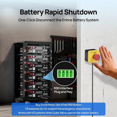 Hand activating battery rapid shutdown next to 48V 100Ah LiFePO4 Battery with Bluetooth for solar storage in rack