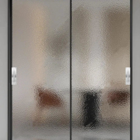 Stainless Steel Sliding Barn Door Pull Handle Set With Geometric Contemporary Look on frosted glass doors, easy surface-mounted installation