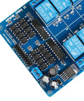 Sixteen Channel 12 Volt Relay Module Board For Arduino And Microcontrollers, High Current Relays Ready For DIY Projects, 10 Amp AC At 250 Volts And 12 Amp DC, Direct MCU Control, TTL Logic, Works With DSP AVR PIC ARM blue PCB close-up