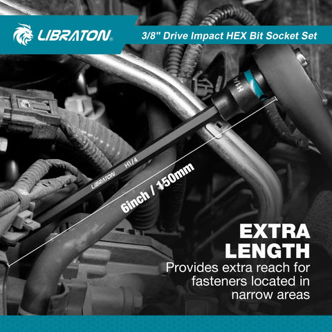 Heavy Duty 3/8 Inch Drive Long Impact Hex Bit Socket Set Built Like A Tank With S2 Steel Insert And CRV Body Featuring Manganese Coating For Zero Slack And Daily Shop Hustle in automotive engine.