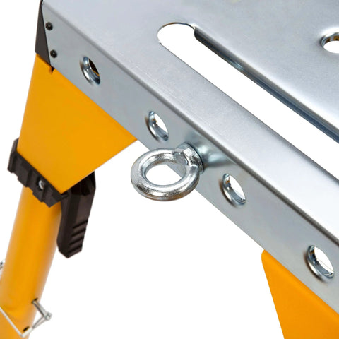 Close-up of Adjustable Height Portable Steel Welding Table And Work Bench With Folding Legs, showing metal tabletop corner.