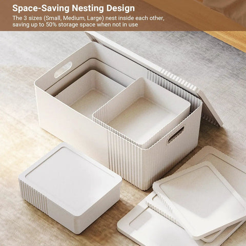Kickass Plastic Storage Bins With Lids Full Set Decorative Boxes featuring nesting design, three sizes for space-saving organization.