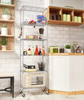 6 Tier Wire Shelving Unit With Caster Wheels And Stainless Side Hooks Adjustable Free Standing Storage Rack for kitchen use