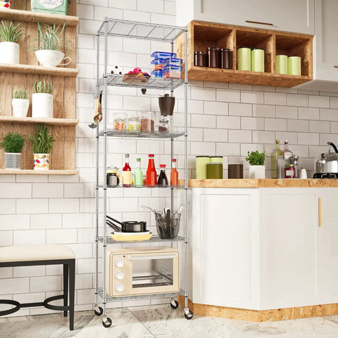 6 Tier Wire Shelving Unit With Caster Wheels And Stainless Side Hooks Adjustable Free Standing Storage Rack for kitchen use