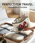 Person packing Golf Themed Makeup Bag For Women Peace Love Golf Cosmetic Pouch into suitcase on hotel bed.