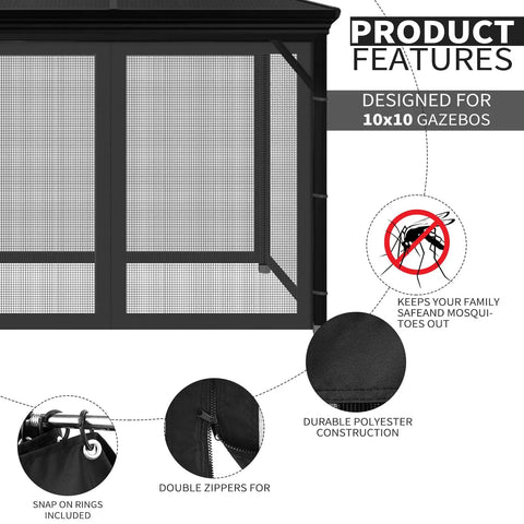 Universal Replacement Mosquito Netting For Outdoor Structures And Canopies, 4-panel sidewalls with zipper in black 10x10 ft size