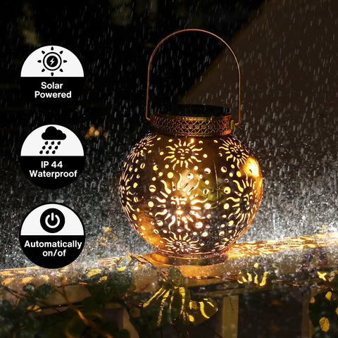 Outdoor Solar Lanterns 2 Pack Waterproof Hanging LED Lights With Metal Star Moon Sun Pattern 10 Lumens Patio Garden