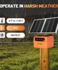 30 Miles Solar Electric Fence Charger For Livestock With Adjustable 6KV To 12KV Output mounted on wooden post in rain