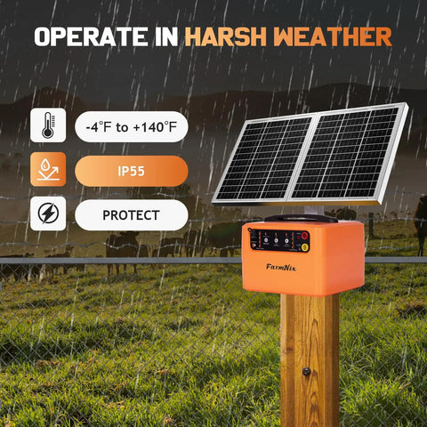 30 Miles Solar Electric Fence Charger For Livestock With Adjustable 6KV To 12KV Output mounted on wooden post in rain