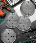 4-Pack Shallow Round Electrical Boxes For Ceiling Pancake Installations, galvanized steel, 4-inch diameter, shown with tools