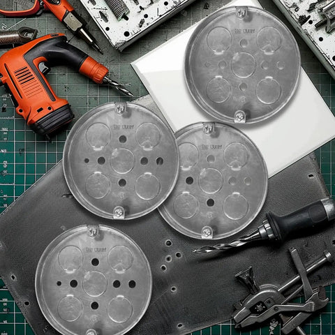 4-Pack Shallow Round Electrical Boxes For Ceiling Pancake Installations, galvanized steel, 4-inch diameter, shown with tools