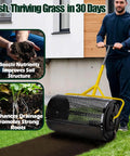 Person using 30 Inch Wide Manual Spreader with 26 Gal Capacity for Lawn Care Fertilizer Mulch Topsoil Manure and Grass Seed