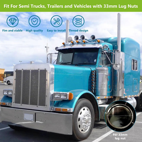 Semi truck with Truckers Favorite Flat Top Lug Nut Covers 20 Pack Chrome ABS Plastic Thread On 33mm on wheels