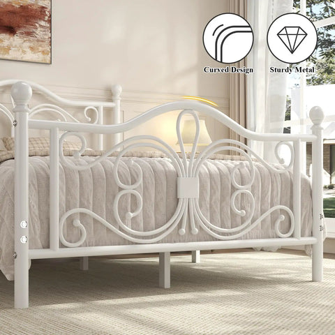 Full Size Metal Bed Frame Featuring Sculpted Butterfly Pattern Headboard In Shimmering White Polished Finish, showcasing curved design and sturdy metal supports.