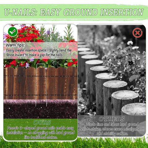 Comparison image of Flexible Garden Edging Kit Three Pack No Tools Required 11.8 Ft Total Length Easy Bend Wooden Border with U-nails insertion.