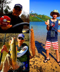 Three anglers using Rover Round Baitcasting Reel for Right Handed Anglers With CNC Spool, holding fish and reel, outdoors.