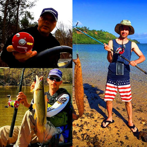 Three anglers using Rover Round Baitcasting Reel for Right Handed Anglers With CNC Spool, holding fish and reel, outdoors.