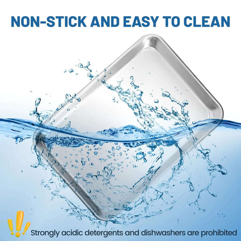 12 Pack Half-Size Aluminum Baking Sheets Pan Set submerged in water, highlighting non-stick and easy-to-clean features.
