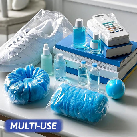 Bulk 500 Pack Heat Shrink Wrap Bags For Packaging, Clear POF Film protecting various household items, including bottles and shoes.