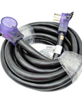 NEMA 14-50P to 14-50R RV and EV Extension Cord, 50 Amp, 25 Foot, heavy-duty copper wire with lighted connectors, coiled view