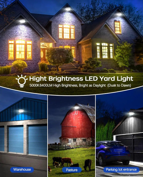LED Barn Flood Light Dusk To Dawn 55W 6600LM Outdoor Security Light illuminating a house, barn, and parking lot entrance at night.