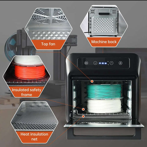 3D Filament Dryer Box with Blower for fast drying, open showing PLA, PETG spools, top fan, machine back, heat insulation features