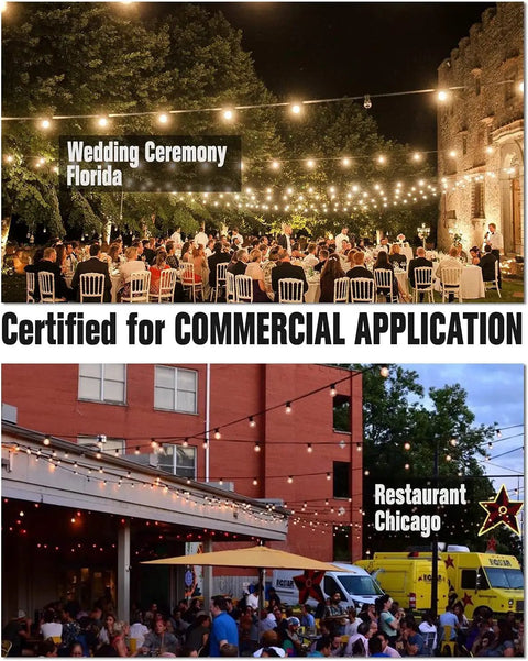 Two Pack 100Ft LED Outdoor String Lights With 104 Vintage G40 Bulbs installed in wedding and restaurant settings.