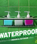 Three plastic dispenser bottles on a metal shelf against green tiles, highlighting waterproof feature for indoor and outdoor use.