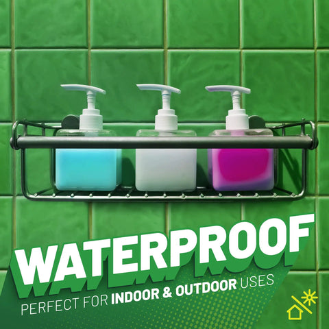 Three plastic dispenser bottles on a metal shelf against green tiles, highlighting waterproof feature for indoor and outdoor use.
