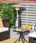 Outdoor Propane Patio Heater 11,000 BTU Portable Tabletop With Weighted Base Stainless Steel on patio with lounge chairs